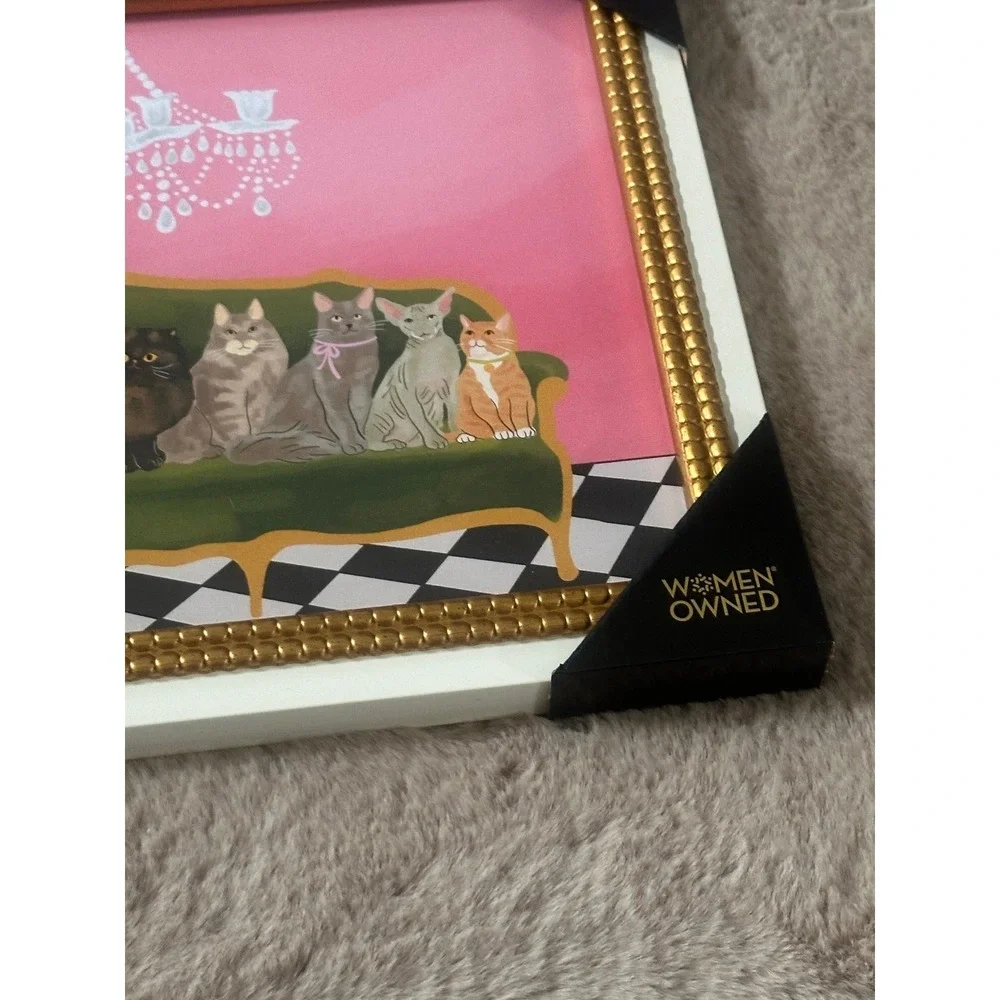 Sapna Shah Cats on Sofa Framed Wall Art Pink Gold White Whimsical Decor